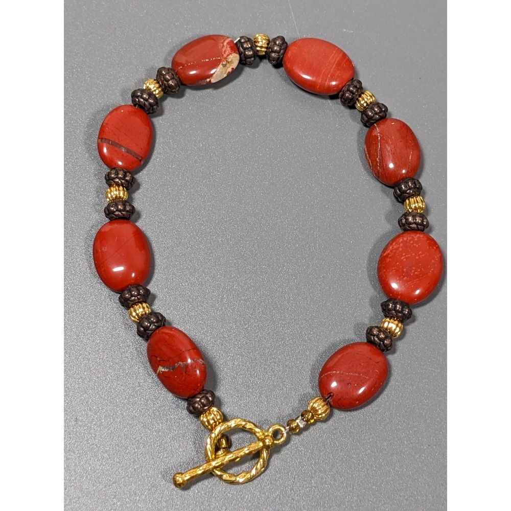 Brown Stone Oval Bead Gold Tone Toggle Bracelet Beachy‎ Coastal 8 inch